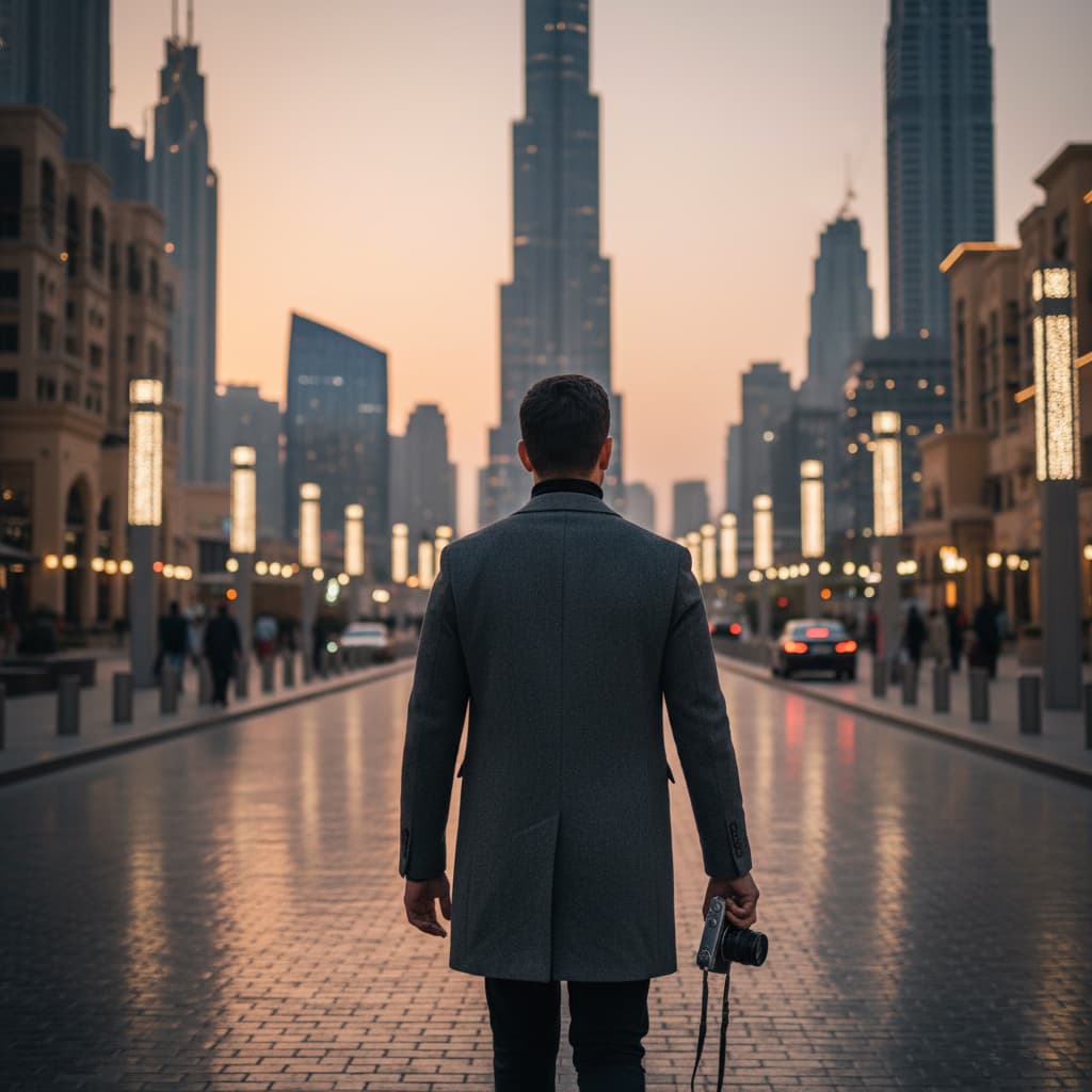 Photographer walking through Downtown Dubai at dusk, camera in hand